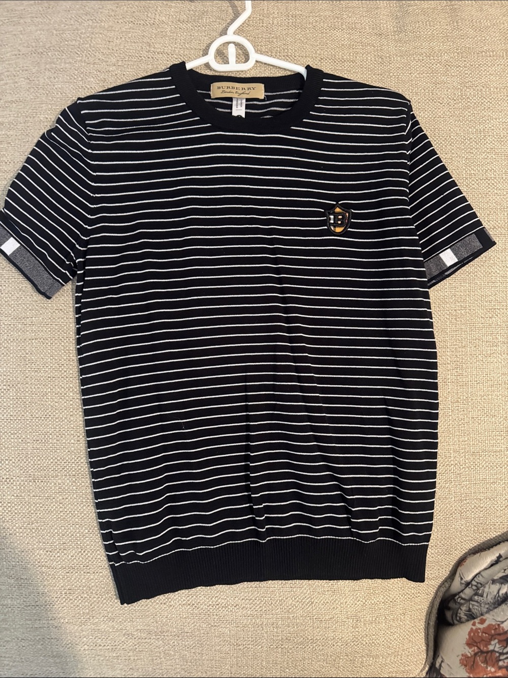 Burberry Black and White Striped Short-Sleeve Knit Tee with Crest